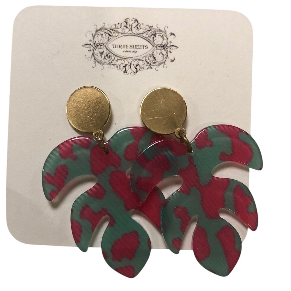 Monstera Leaf Earrings in Vibrant Pink Green and Gold